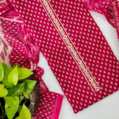 JIYA-Pure Cotton Dark Pink With Cream Neck Design Top And Pure Cotton Pink With Cream Flower Creeper Bottom And Cotton Dupatta suit