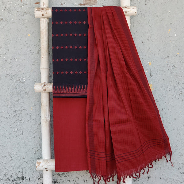 KAAMINI-Pure Cotton Handloom Black With Red Intricate Design Top And Plain Red Bottom And Red Dupatta