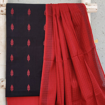 KAAMINI-Pure Cotton Handloom  Black With Red Intricate Design Top And Plain Red Bottom Red Dupatta