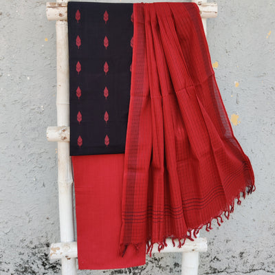 KAAMINI-Pure Cotton Handloom  Black With Red Intricate Design Top And Plain Red Bottom Red Dupatta