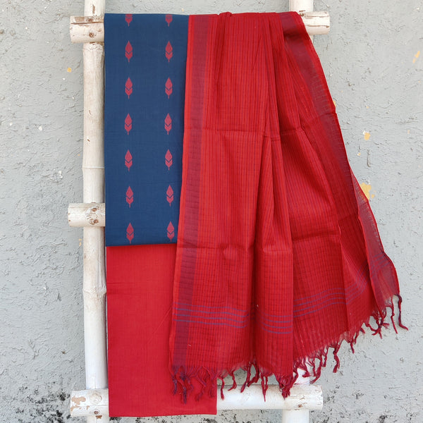 KAAMINI-Pure Cotton Handloom Blue With Red Intricate  Design Top And Plain Red Bottom Red Dupatta