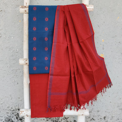 KAAMINI-Pure Cotton Handloom Blue With Red Intricate Flower Design Top And Plain Red Bottom Red Dupatta