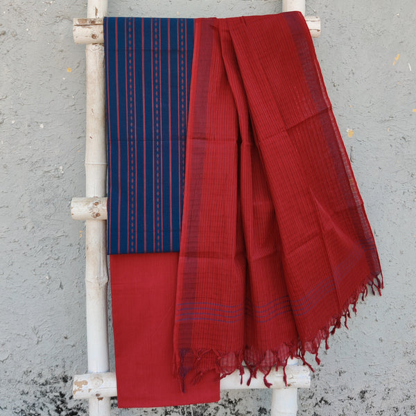 KAAMINI-Pure Cotton Handloom Blue With Red Intricate Stripes Design Top And Plain Red Bottom Red Dupatta