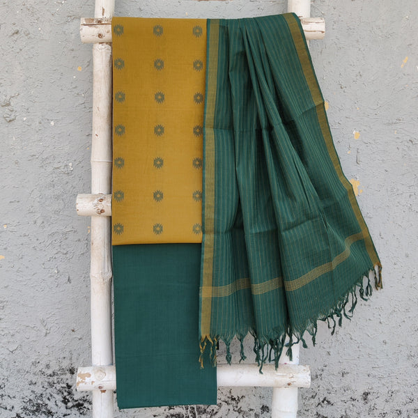 KAAMINI-Pure Cotton Handloom  Light Mustard With Green Intricate  Design Top And Plain Green Bottom Green Dupatta