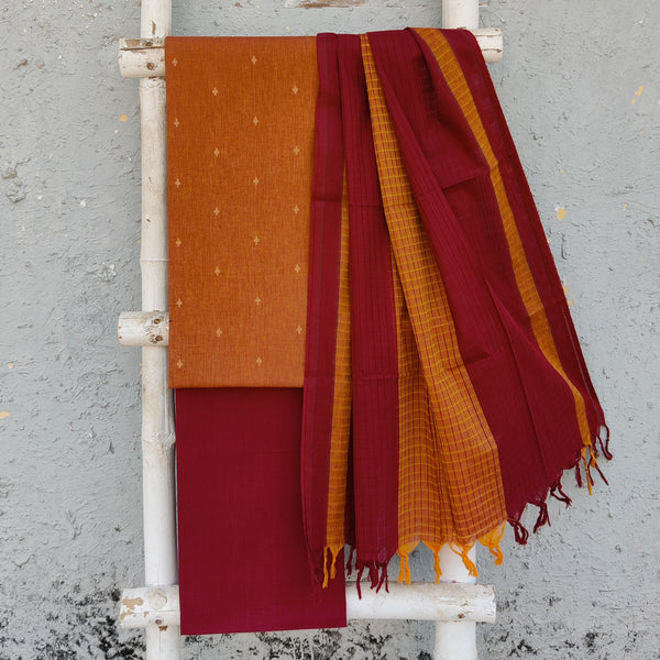 KAAMINI-Pure Cotton Handloom  Orange Intricate Design Top And Plain Maroon Bottom Maroon With Orange Dupatta