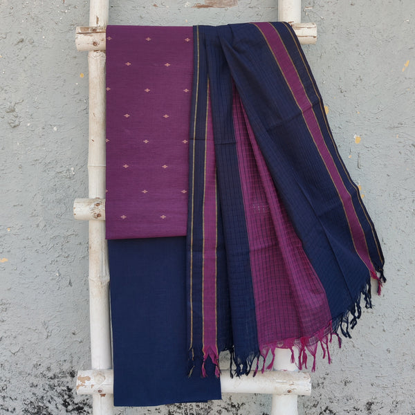 KAAMINI-Pure Cotton Handloom  Purple Intricate Design Top And Plain Navy Blue Bottom Purple With Navy Blue Dupatta