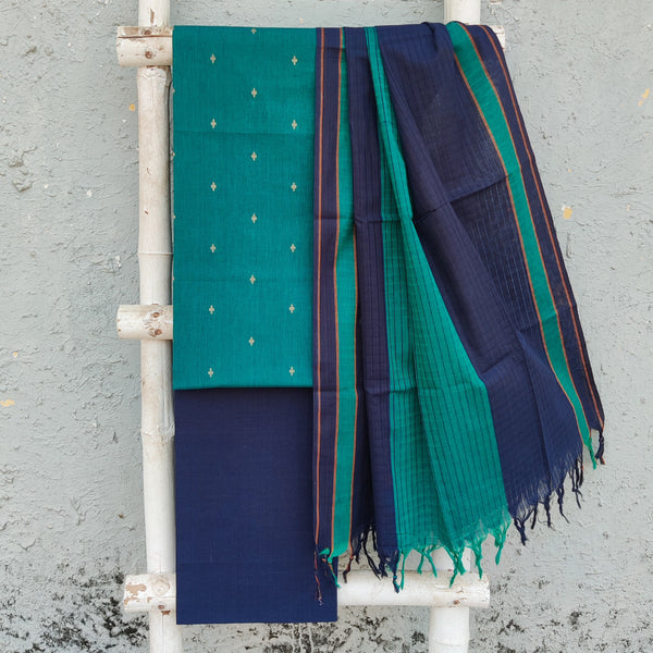 KAAMINI-Pure Cotton Handloom  Teal Green  Intricate Design Top And Plain Navy Blue Bottom Teal Green With Navy Blue Dupatta