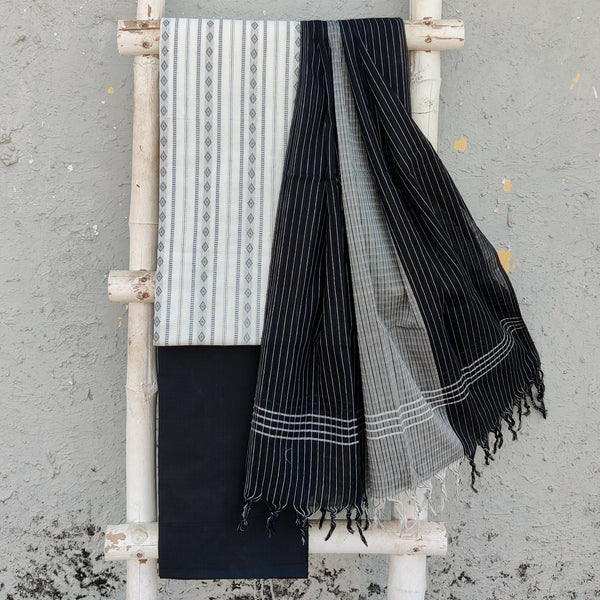 KAAMINI-Pure Cotton Handloom White With Black Intricate Design Top And Plain Black Bottom Black Dupatta