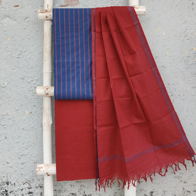 KAAMINI - Pure Cotton South Handloom Blue With Maroon Stripes Plain South Cotton Bottom And A South Cotton Dupatta
