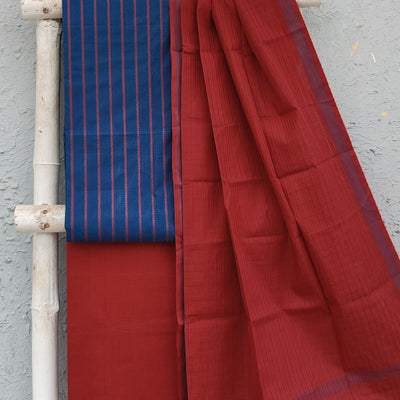KAAMINI - Pure Cotton South Handloom Blue With Maroon Stripes Plain South Cotton Bottom And A South Cotton Dupatta