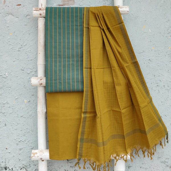 KAAMINI - Pure Cotton South Handloom Green With Mustard Stripes Plain South Cotton Bottom And A South Cotton Dupatta