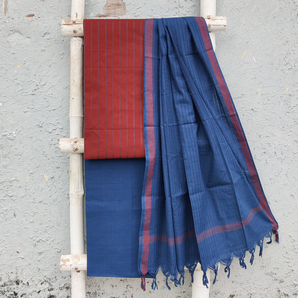 KAAMINI - Pure Cotton South Handloom Maroon With Blue Stripes Plain South Cotton Bottom And A South Cotton Dupatta
