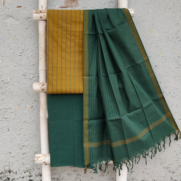 KAAMINI - Pure Cotton South Handloom Mustard With Green Stripes Plain South Cotton Bottom And A South Cotton Dupatta