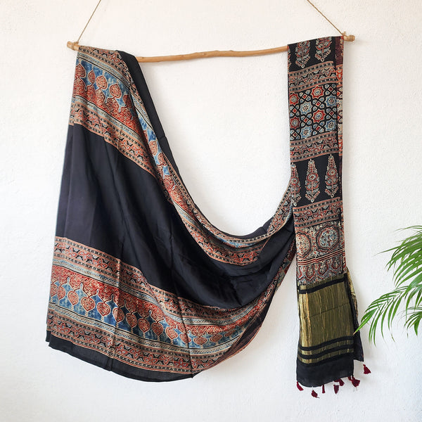 KAREENA-Modal Silk Ajrak Black With Rust Red Border Intricate Design Ghicha Pallu Saree