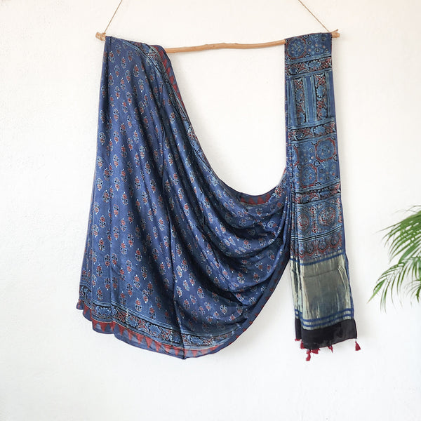 KAREENA-Modal Silk Ajrak Blue With Rust Red Flower Motif Ghicha Pallu Saree