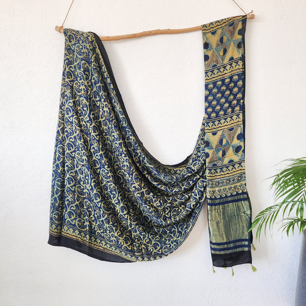 KAREENA-Modal Silk Ajrak Blue With Sandy Brown Flower Jaal Ghicha Pallu Saree