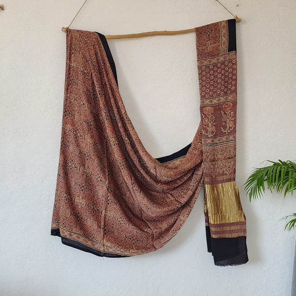 KAREENA-Modal Silk Ajrak Rust Brown Intricate Design Ghicha Pallu Saree