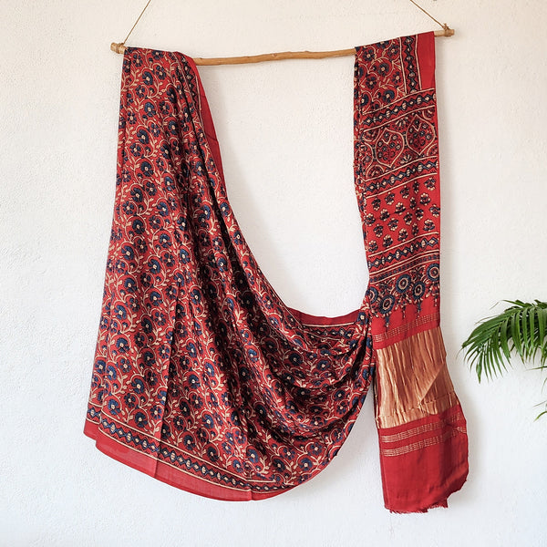 KAREENA-Modal Silk Ajrak Rust Red And Blue Flower Jaal  Design Ghicha Pallu Saree