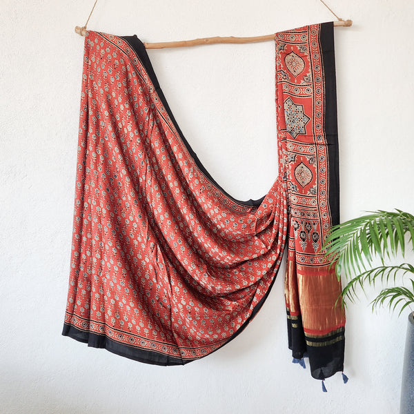 KAREENA-Modal Silk Ajrak Rust Red With Blue Ghicha Pallu Saree