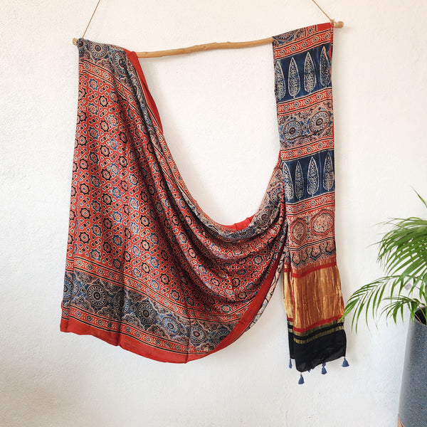 KAREENA-Modal Silk Ajrak Rust Red With Blue stars Design Ghicha Pallu Saree