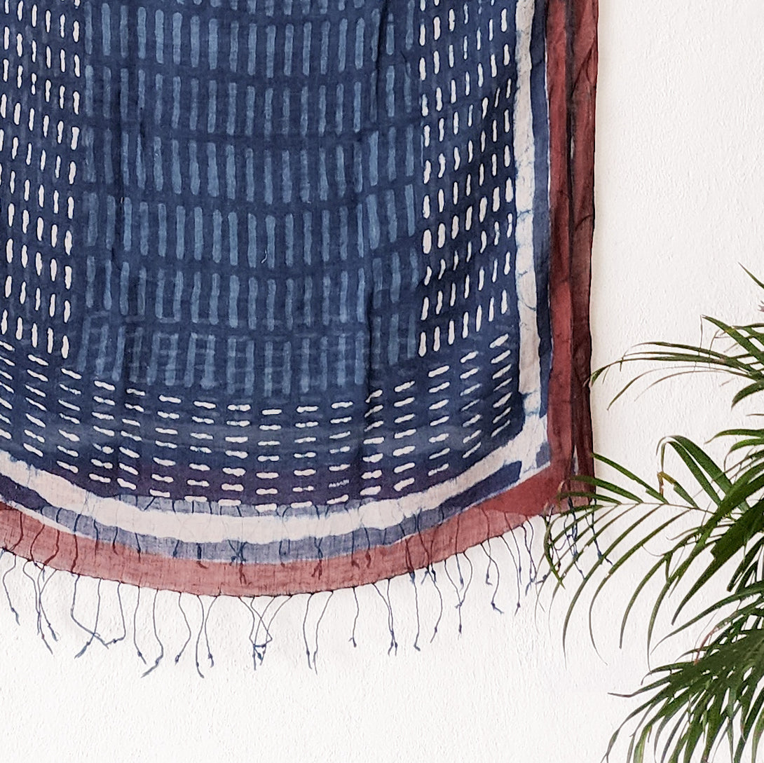 Dash Ines KAREENA- Pure Cotton Linen Indigo Dash Lines With Red Border Dupatta ...