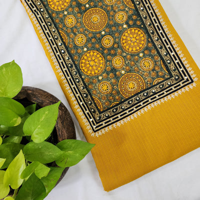KIARA-Pure Cotton Handloom  Mustard With Green Ajrak Intricate Design Yoke Pre-Stitched Design Kurta