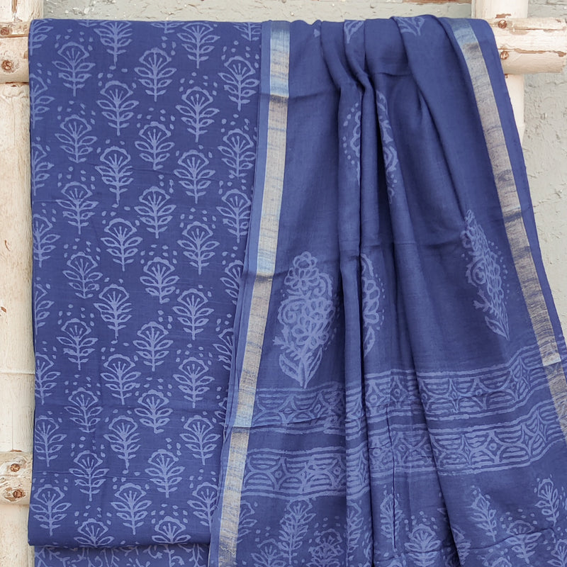 KIARA-Pure Cotton Linen Dark Blue Self Flower Design And Pure Cotton Dark Blue Intricate Design Bottom And Linen Dupatta
