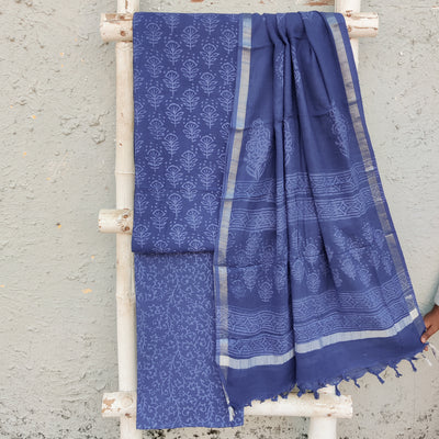 KIARA-Pure Cotton Linen Dark Blue Self Flower Design And Pure Cotton Dark Blue Intricate Design Bottom And Linen Dupatta