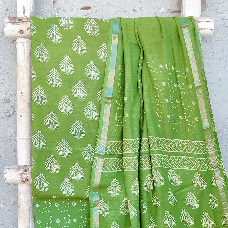 KIARA-Pure Cotton Linen Green With White Leaves Top And Pure Cotton Green Intricate Design Bottom And Linen Dupatta