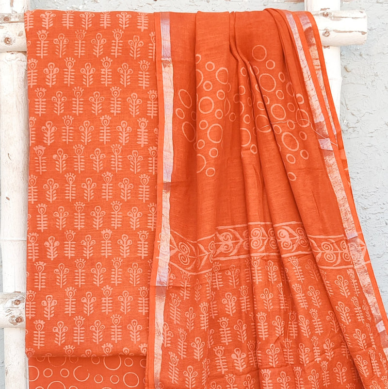 KIARA-Pure Cotton Linen Orange And Cream Flower Design And Pure Cotton Orange Intricate Design Bottom And Linen Dupatta