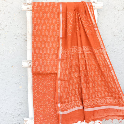 KIARA-Pure Cotton Linen Orange And Cream Flower Design And Pure Cotton Orange Intricate Design Bottom And Linen Dupatta