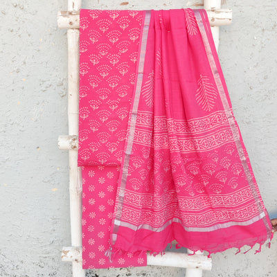 KIARA-Pure Cotton Linen Pink And Cream Flower Design And Pure Cotton Pink Intricate Design Bottom And Linen Dupatta