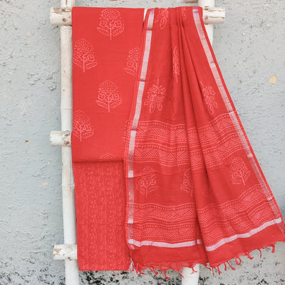 KIARA-Pure Cotton Linen Red Self Big Flower Design And Pure Cotton Red Intricate Design Bottom And Linen Dupatta