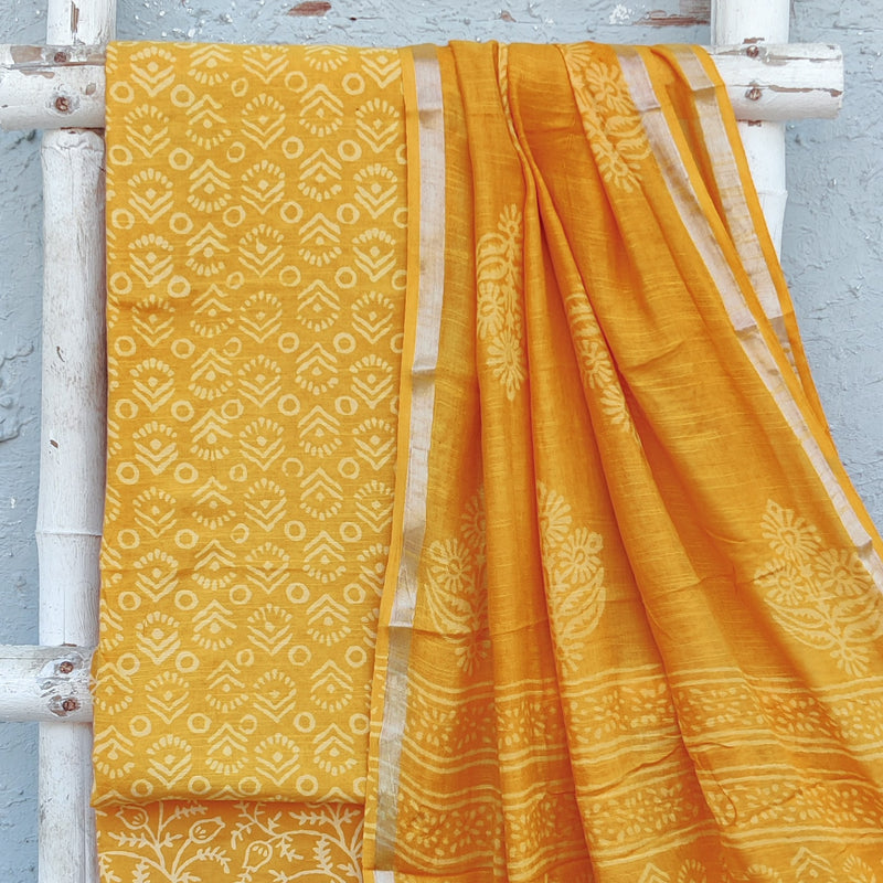 KIARA-Pure Cotton Linen Yellow Self Flower Design And Pure Cotton Yellow Intricate Design Bottom And Linen Dupatta