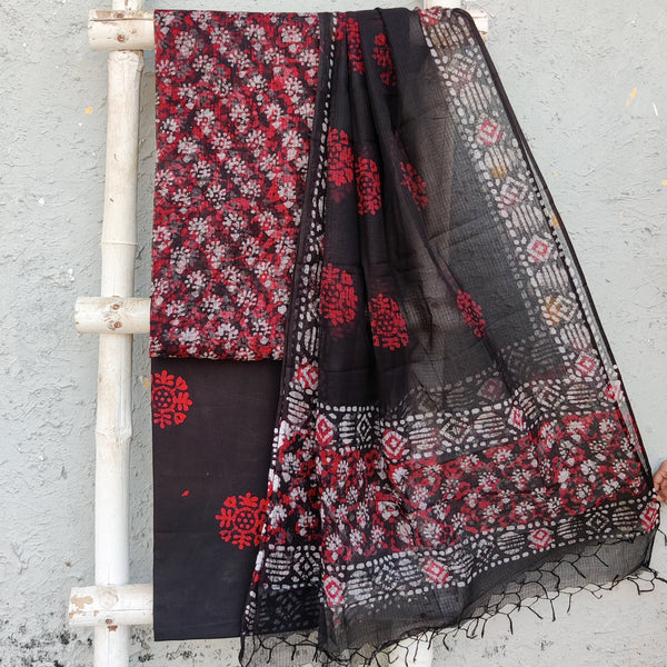 KOTA DORAI- Pure Cotton Kota Dorai  Black And Red Intricate Design Top And Black With Red Intricate Design Pure Cotton Bottom And Kota Dorai Dupatta