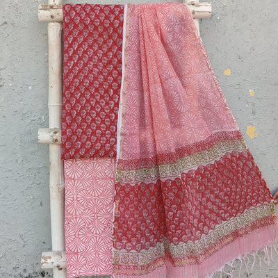 KOTA DORAI- Pure Cotton Kota Dorai  Red With Flower Top And White With Pink Pure Cotton Bottom And Kota Dorai Dupatta