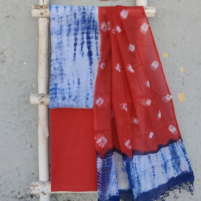 KOTA DORAI- Pure Cotton Kota Dorai  Shibori White With Blue Top And Red Pure Cotton Bottom And Kota Dorai Dupatta