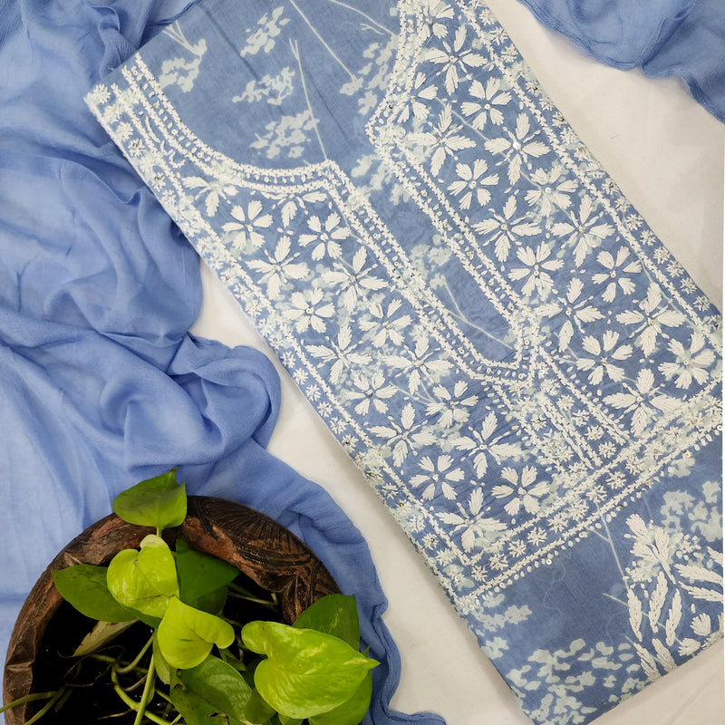 KRIDHAY - Pure Mul Cotton Lucknowi Embroidered Top With Pure Cotton Bottom And A Chiffon Dupatta
