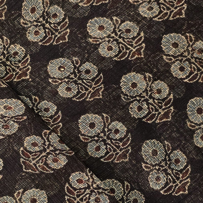 Kota Ajrak Cotton Black With Blue Flower  Design Hand Block Print Fabric