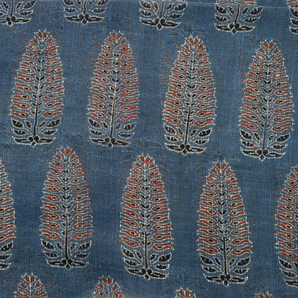 Kota Ajrak Cotton Rust Blue And Rust Red Leaves Motif Hand Block Print Fabric