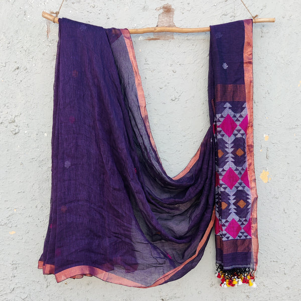 LINEN QUEEN - Purple With Pink Polka With Triangle Design Pallu Linen Saree