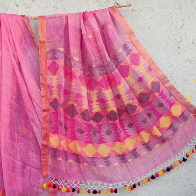 LINEN QUEEN - Baby Pink With Mustard And Purple Triangle  Pallu Design Linen Saree