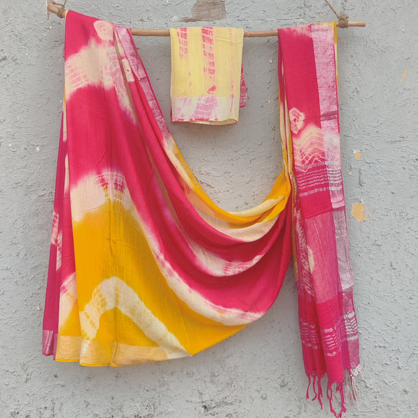 LINEN QUEEN - Dark Pink And Yellow With Cream Shades Linen Saree