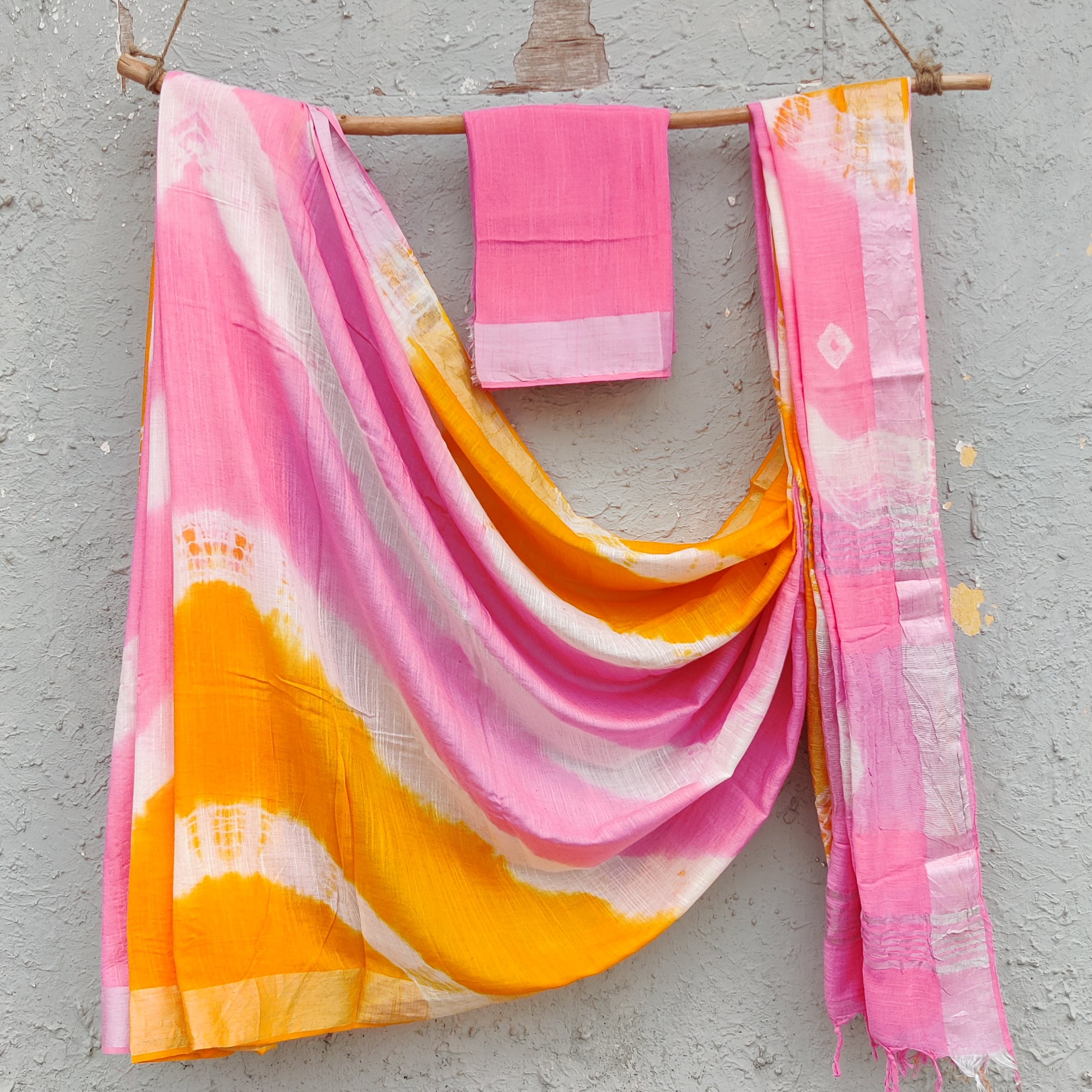 LINEN QUEEN - Light Orange With Light Pink And Cream Shades Linen Sare ...