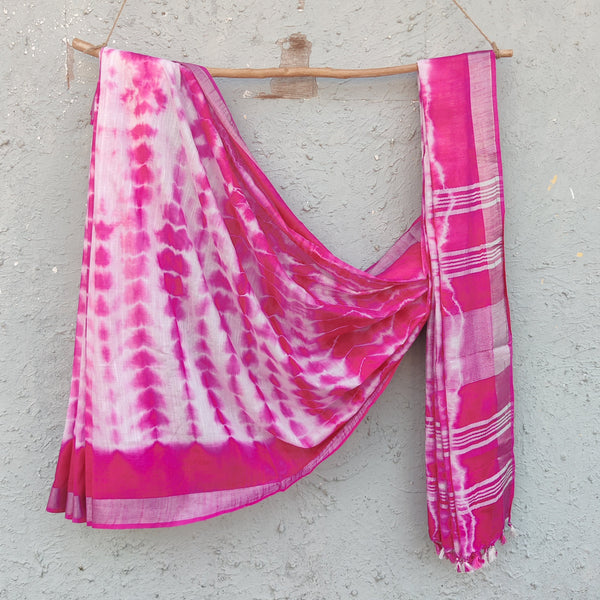 LINEN QUEEN - Linen Shibori White With Pink And Sliver Border Saree