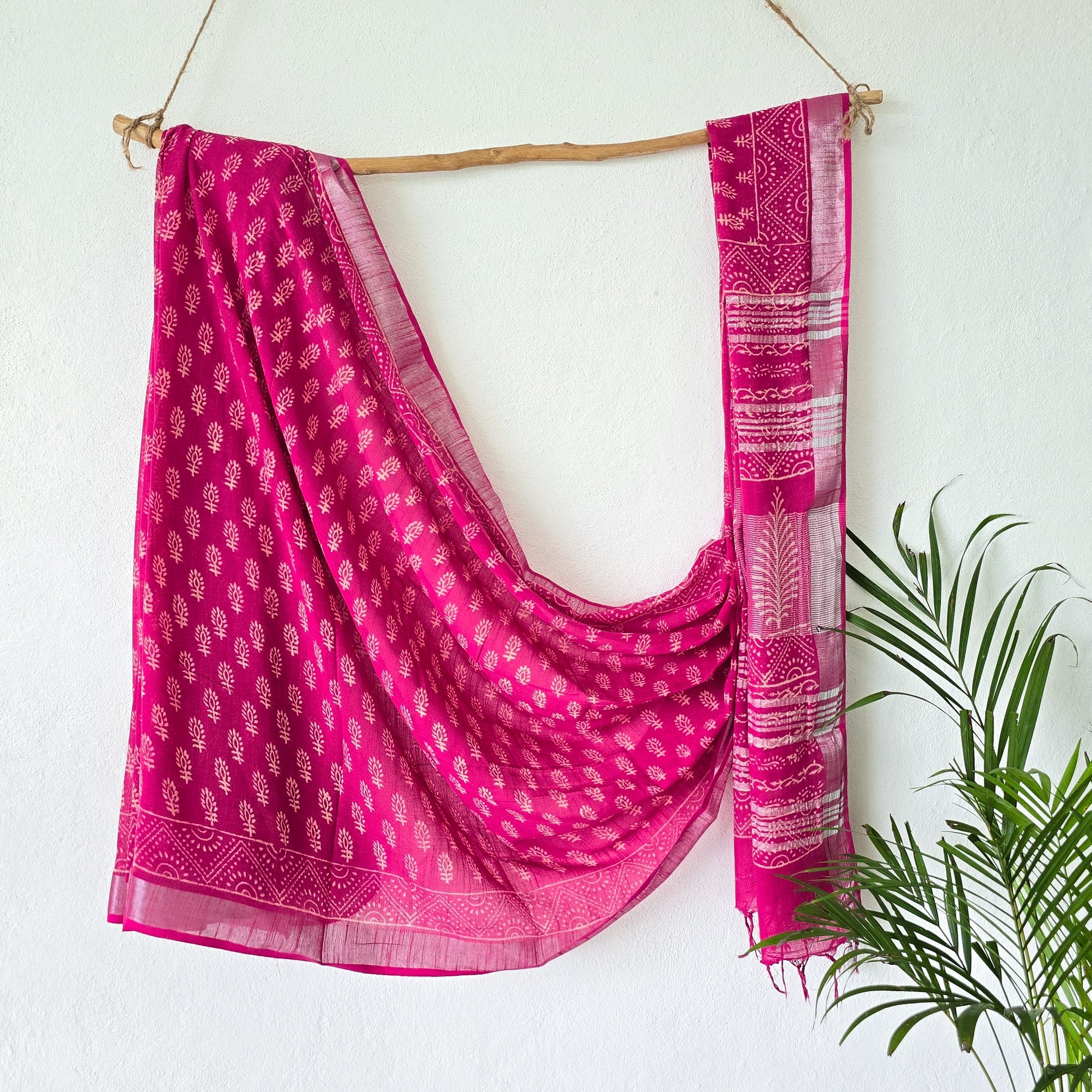 Linen Saree - White with Pink Florals