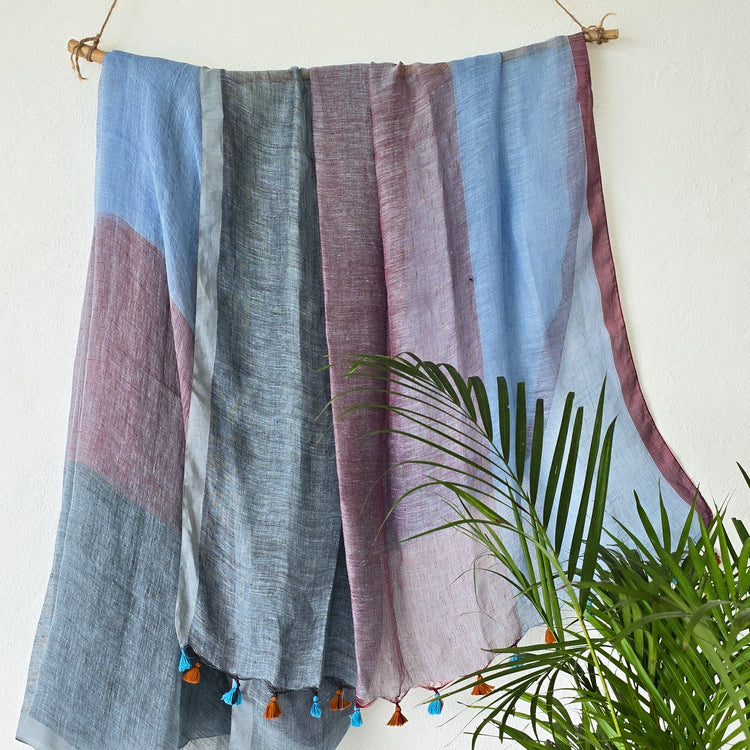 LINEN QUEENThree Shades Of Blue And Grey And Purple Linen Saree