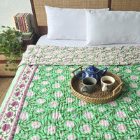 POMEGRANATE GARDEN - Pure Mul Cotton Hand Block Printed Reversible Razai Quilt Blanket With Cotton Filling