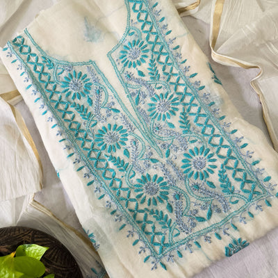 LUCKNOWI- Mul Chanderi White With Blue Embroidery Design Top And Mul Chanderi Dupatta