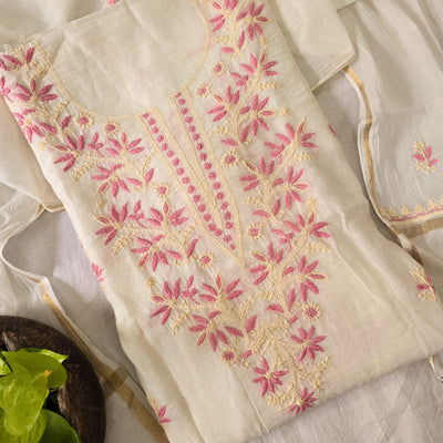 LUCKNOWI- Mul Chanderi White With Light Pink And Cream  Embroidery Design Top And Mul Chanderi Dupatta